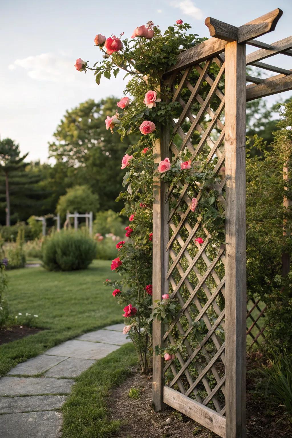 A classic wooden trellis provides a timeless backdrop for climbing roses.