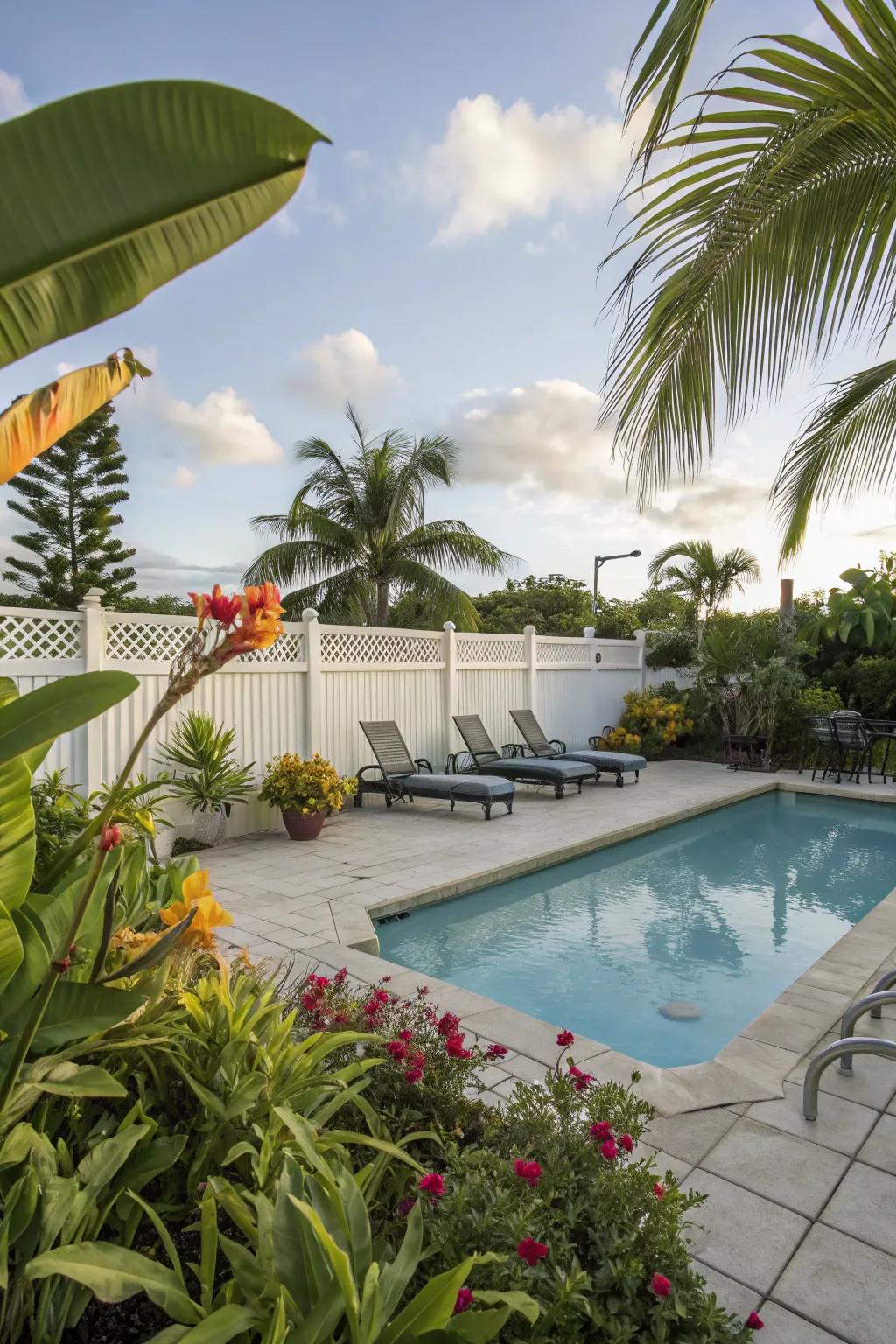 A swimming pool surrounded by lush tropical plants creates a serene coastal retreat.