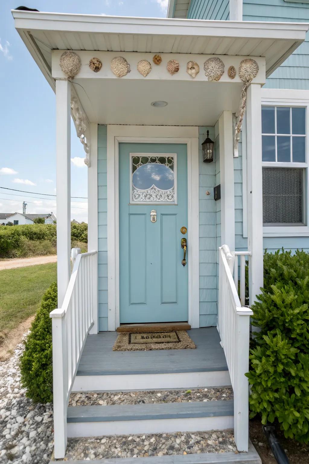 A front door painted in calming soft blue, paired with seashell accents.