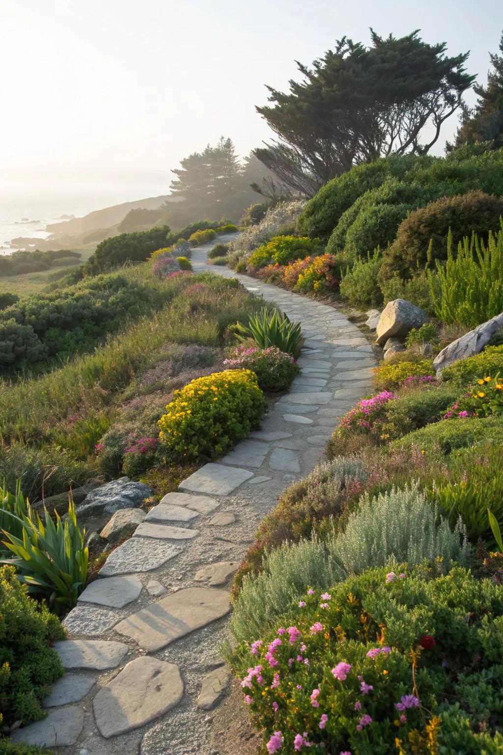 A stone pathway adds a natural touch to your coastal garden.