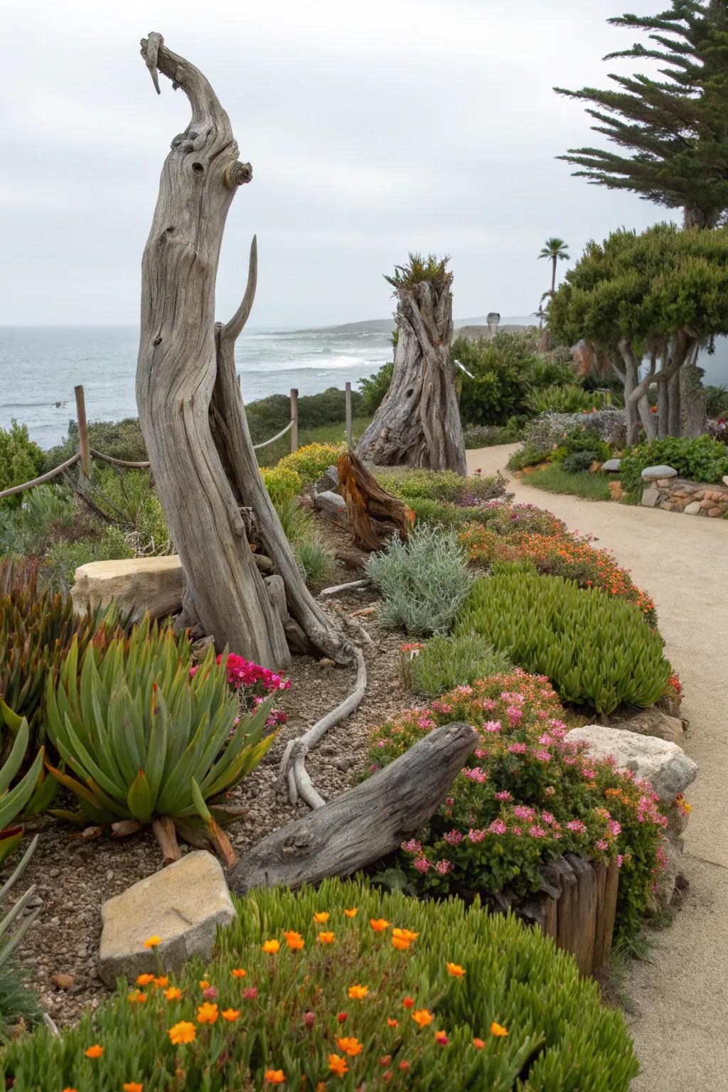 Driftwood art pieces adding rustic charm to a coastal garden.