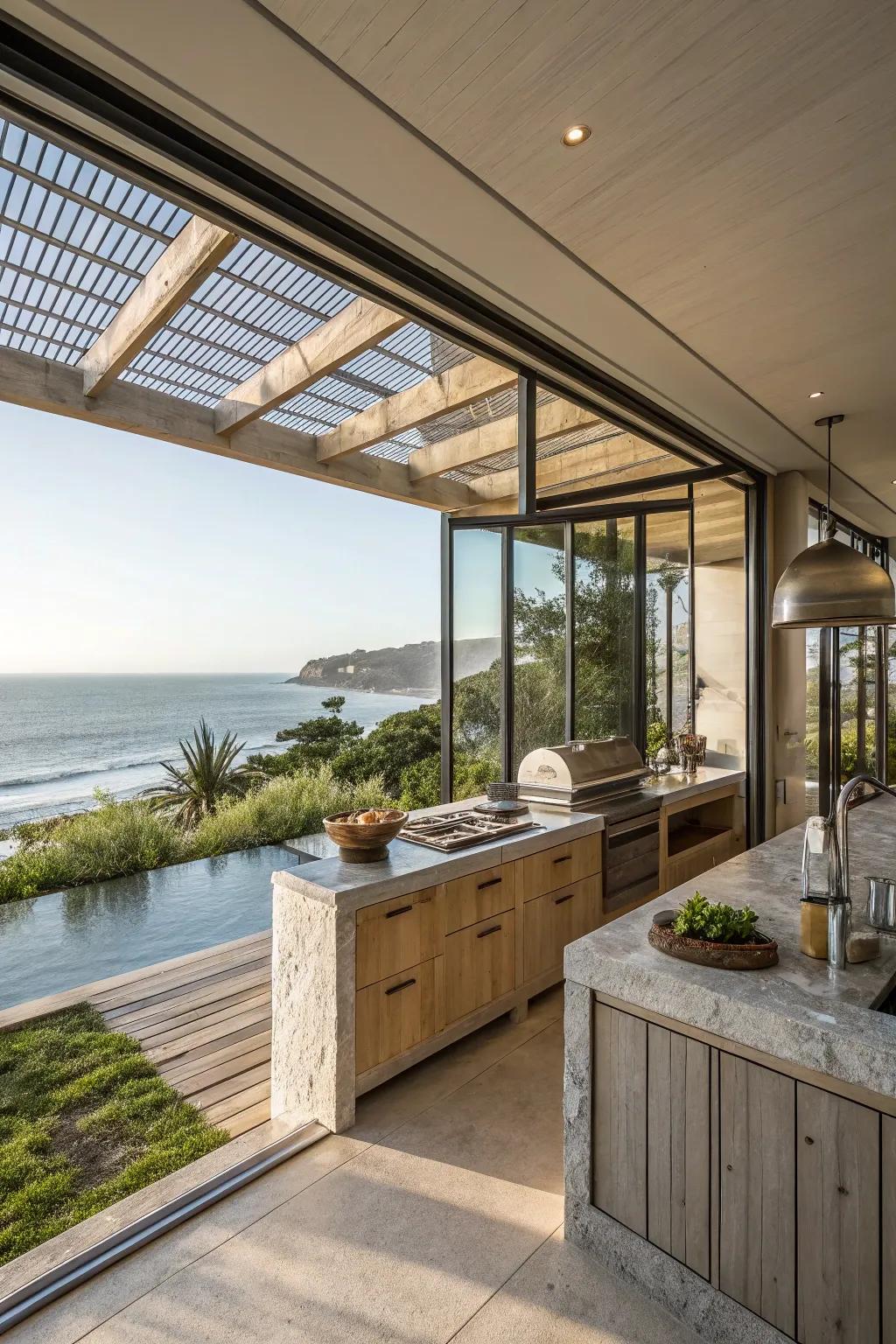 Outdoor kitchen with panoramic ocean views.