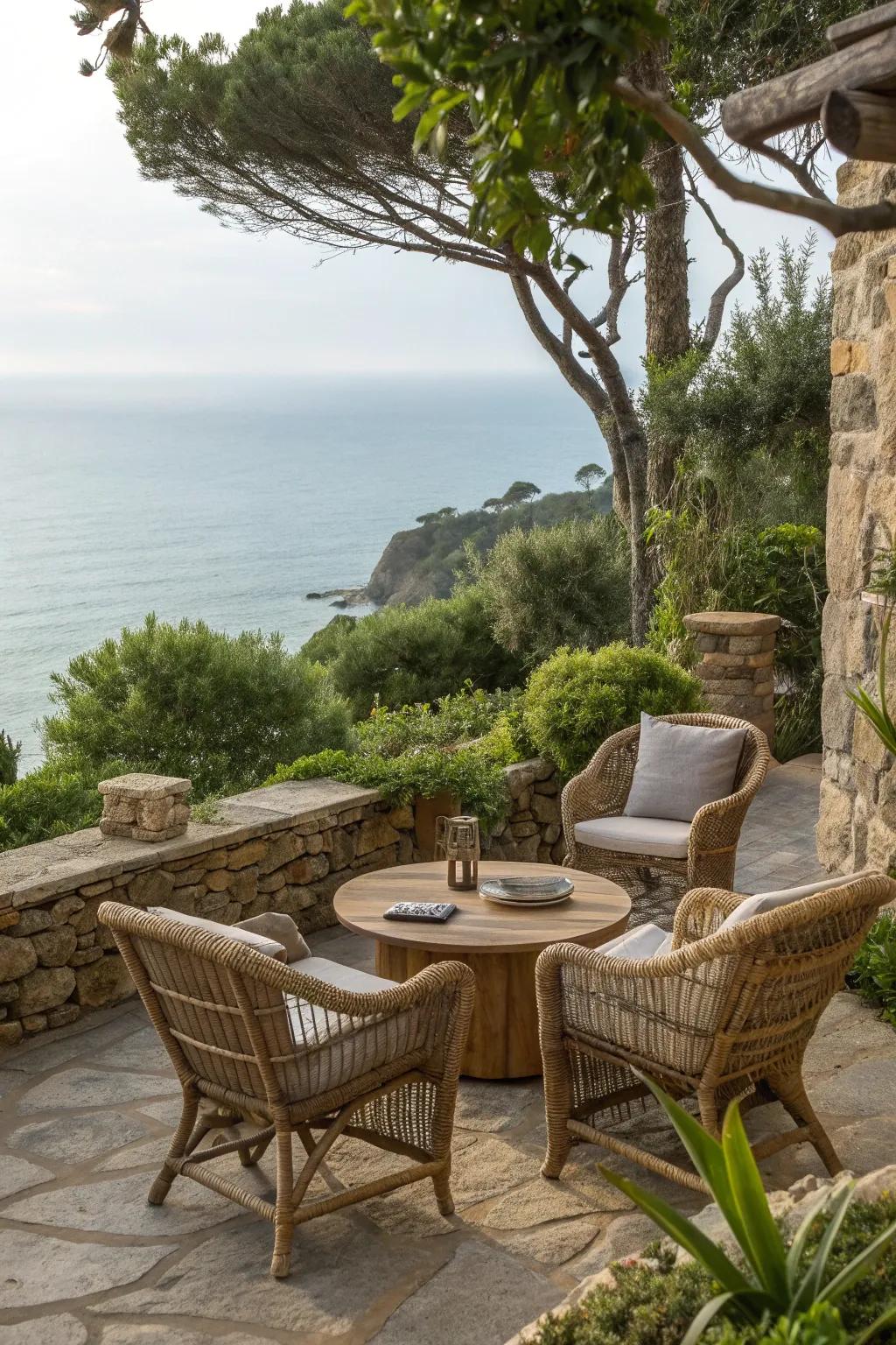 Coastal patio using natural materials like wicker and wood to enhance the seaside vibe.