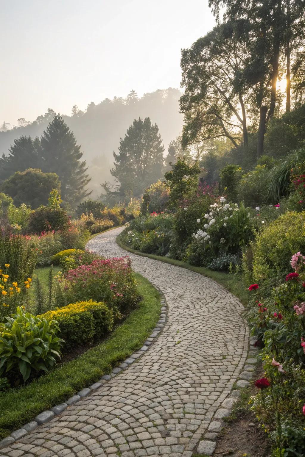 A winding cobblestone path inviting you to explore a lush garden.