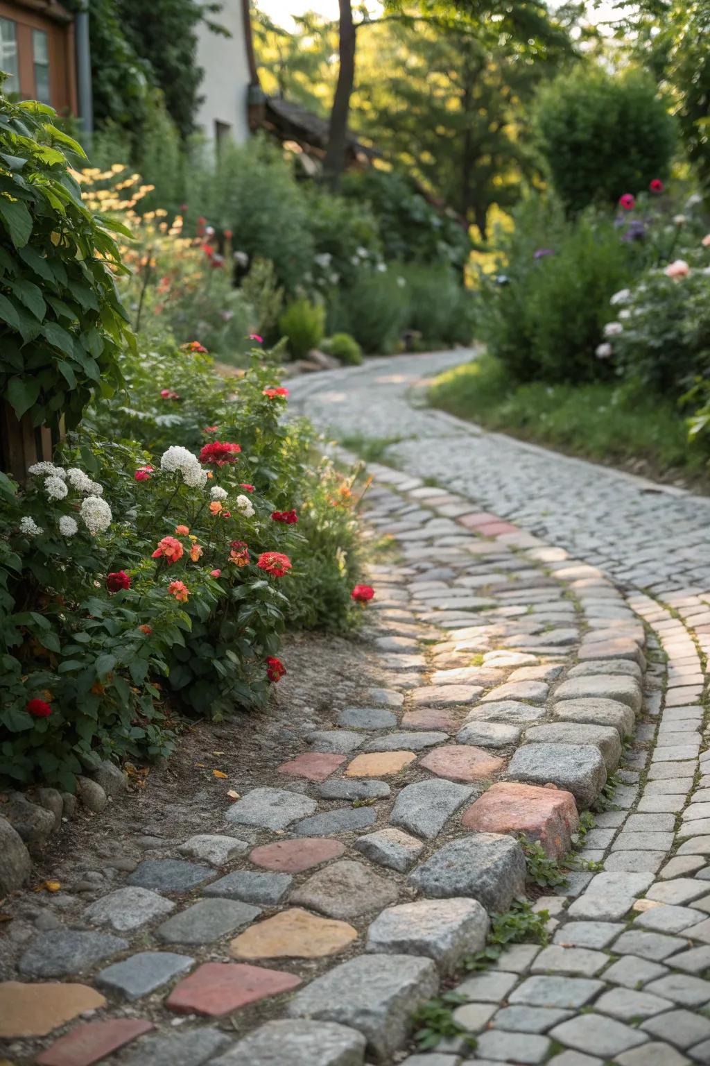 A classic European-style cobblestone path winding through a lush garden.