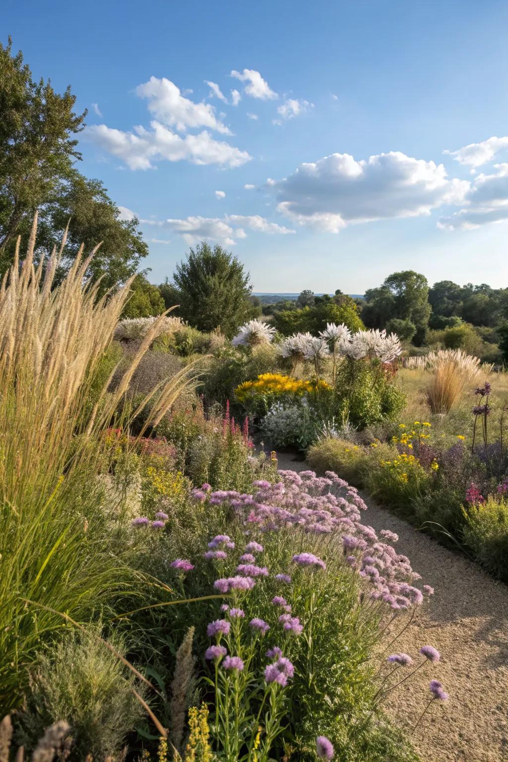 A vibrant collection of drought-tolerant plants in a xeriscape garden.