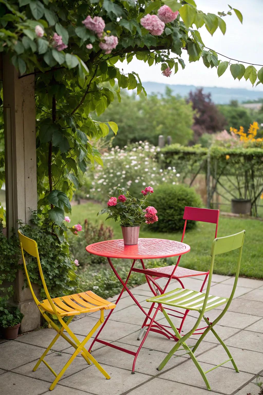 Bright furniture sets the tone for a joyful patio.
