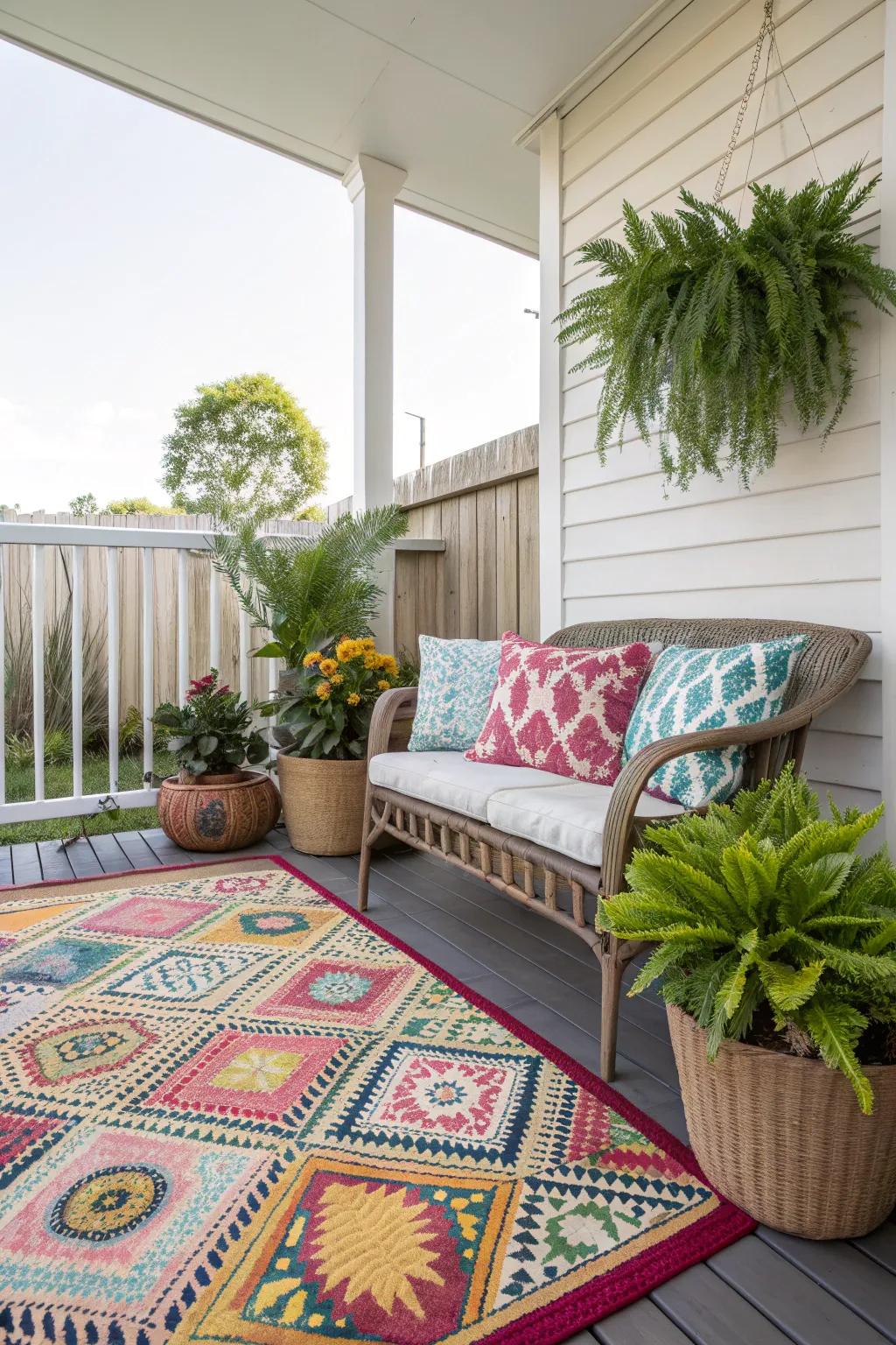 A porch with a colorful patterned rug and matching cushions, surrounded by lush potted plants.