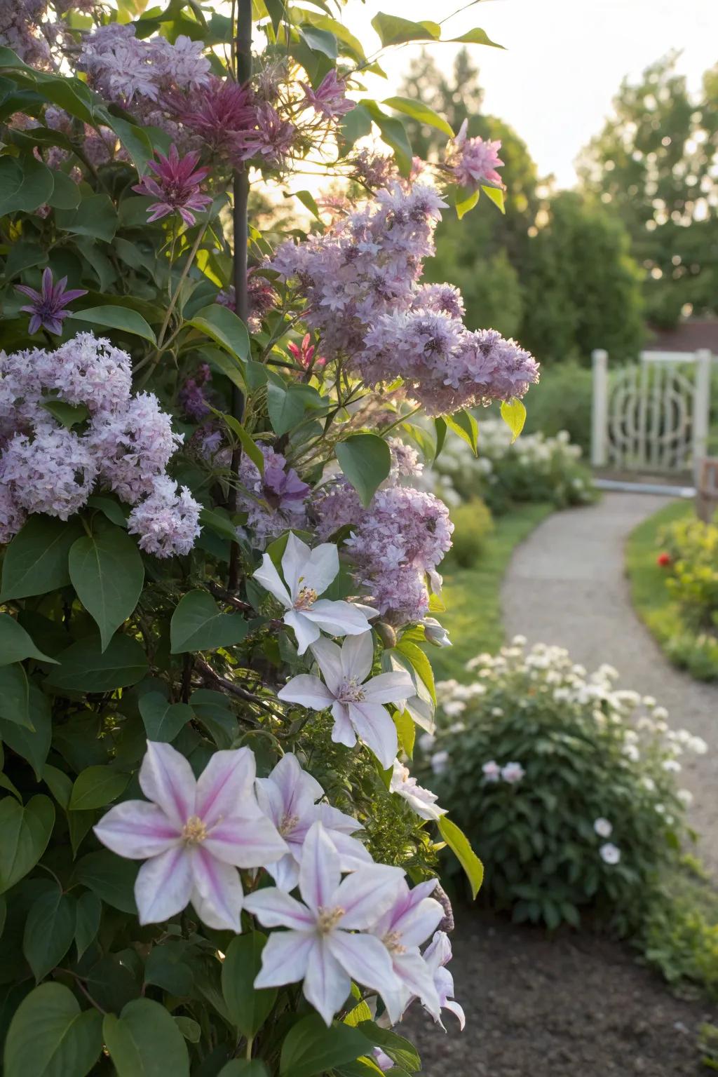 Clematis intertwining gracefully with lilac blooms.