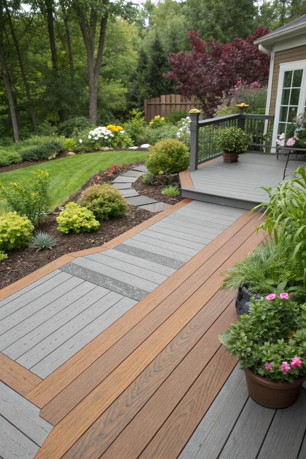 A harmonious blend of composite decking colors in a vibrant garden setting.