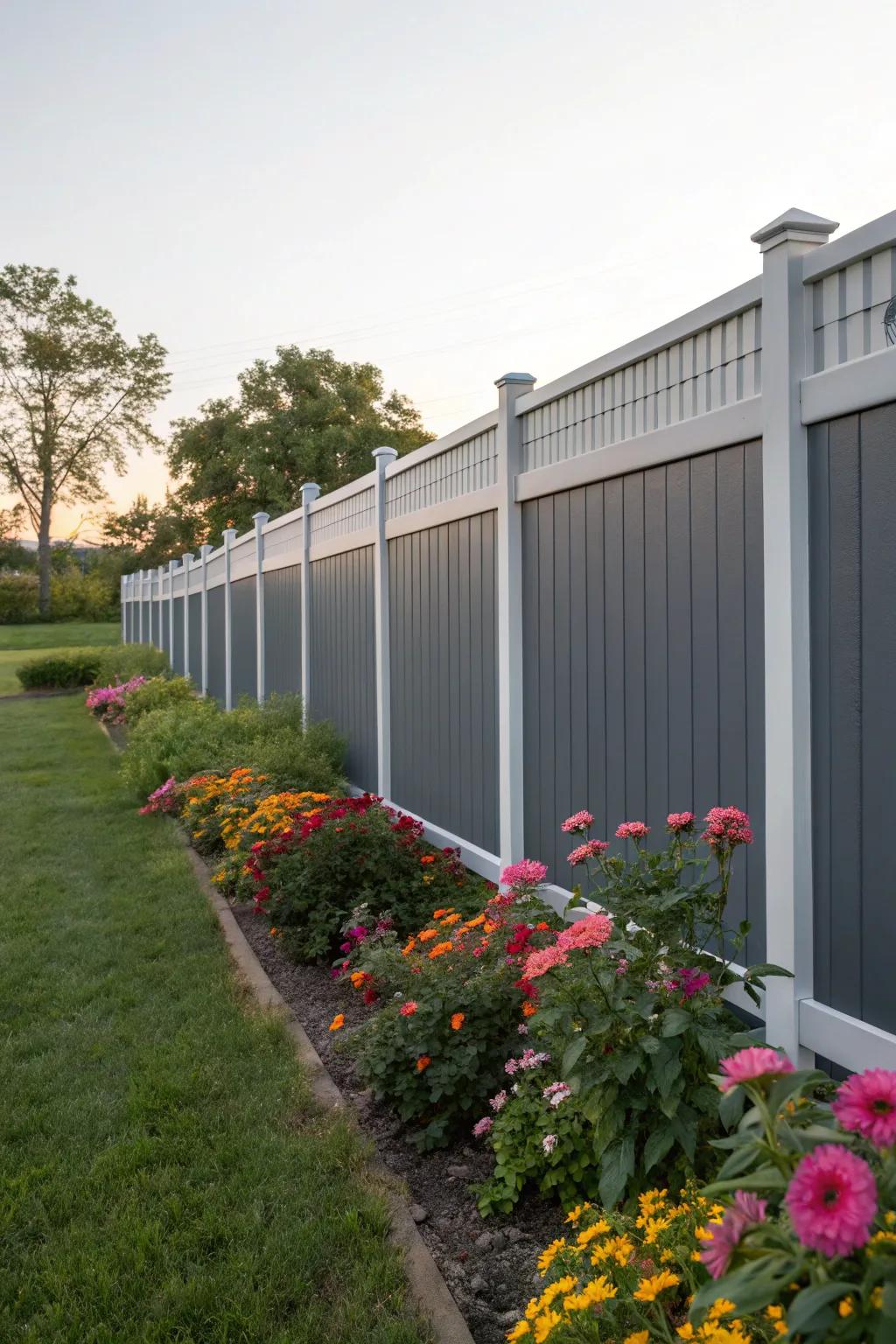 A composite fence with a chic two-tone design adds depth and style to this colorful garden setting.