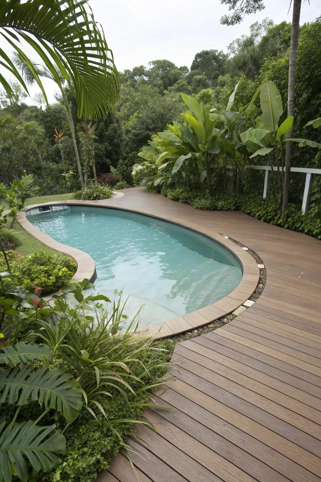 A gracefully curved composite deck enhancing the pool's shape.