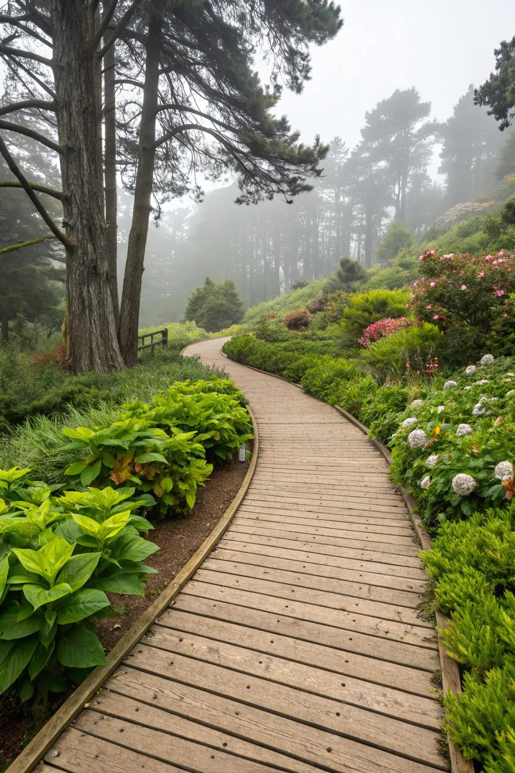A rustic composite walkway nestled in a flourishing garden.