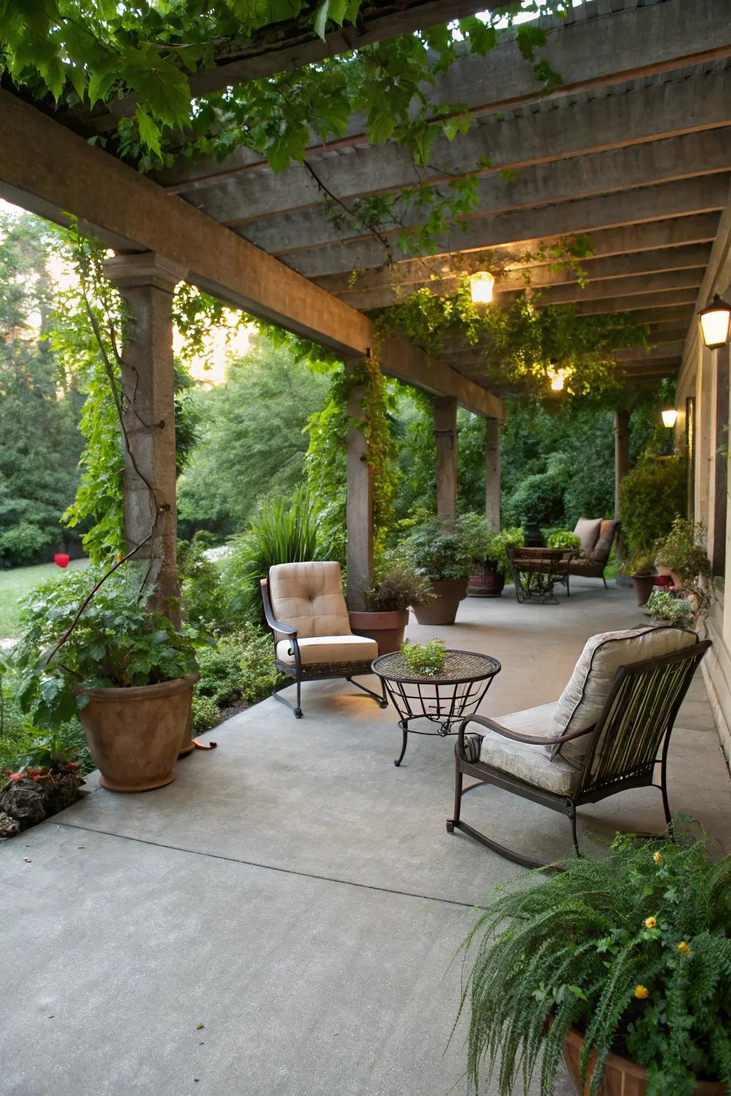 A spacious concrete patio featuring cozy outdoor seating and vibrant plants.