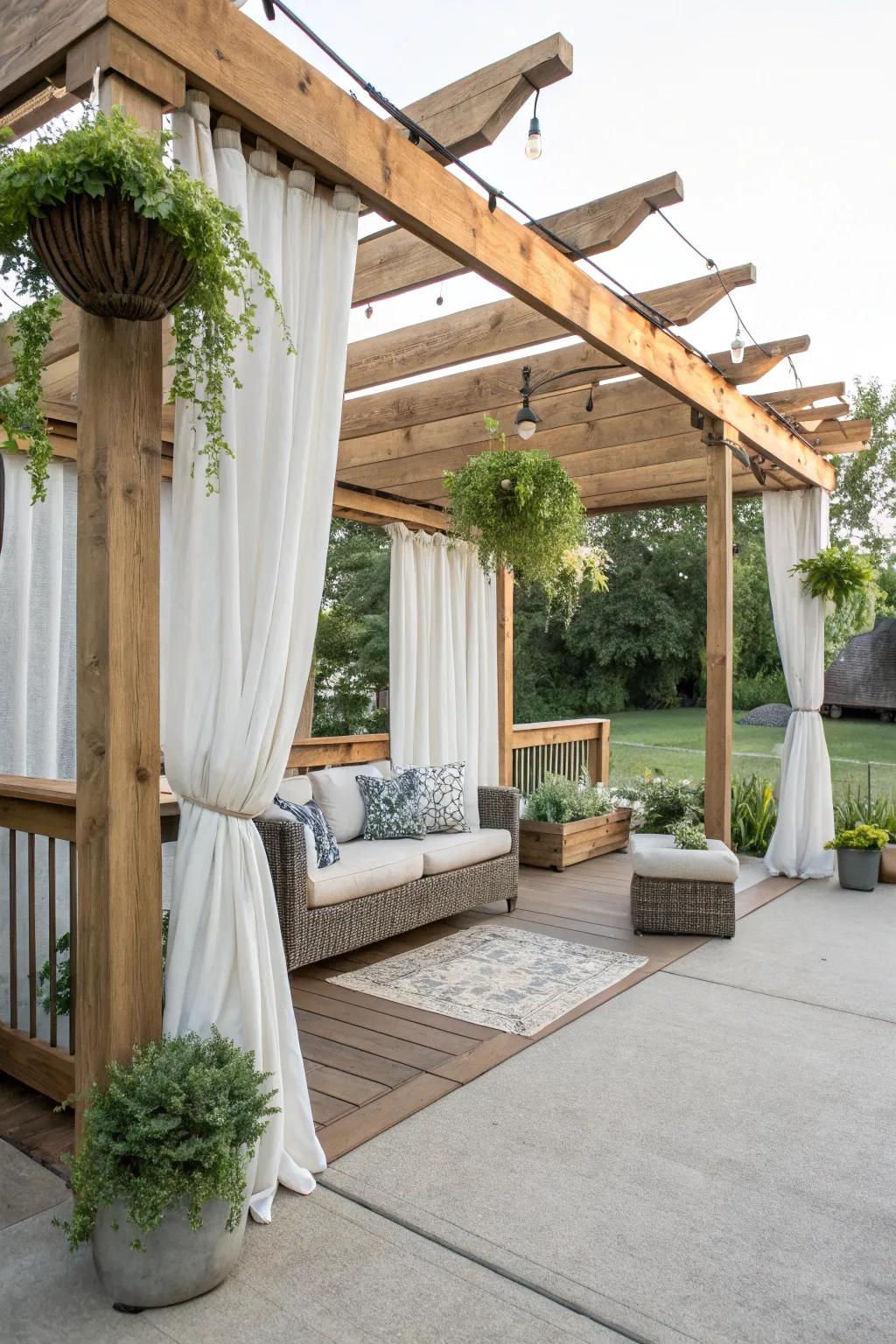 A serene pergola retreat on a concrete back porch.
