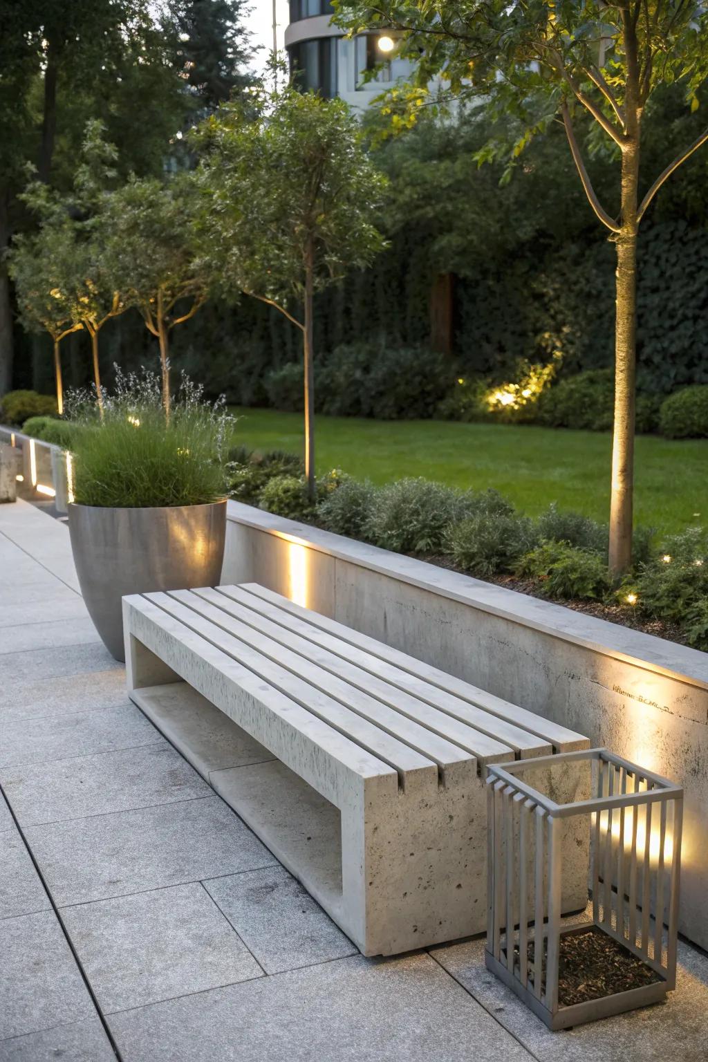 A minimalist concrete bench with clean lines, perfect for a modern garden.