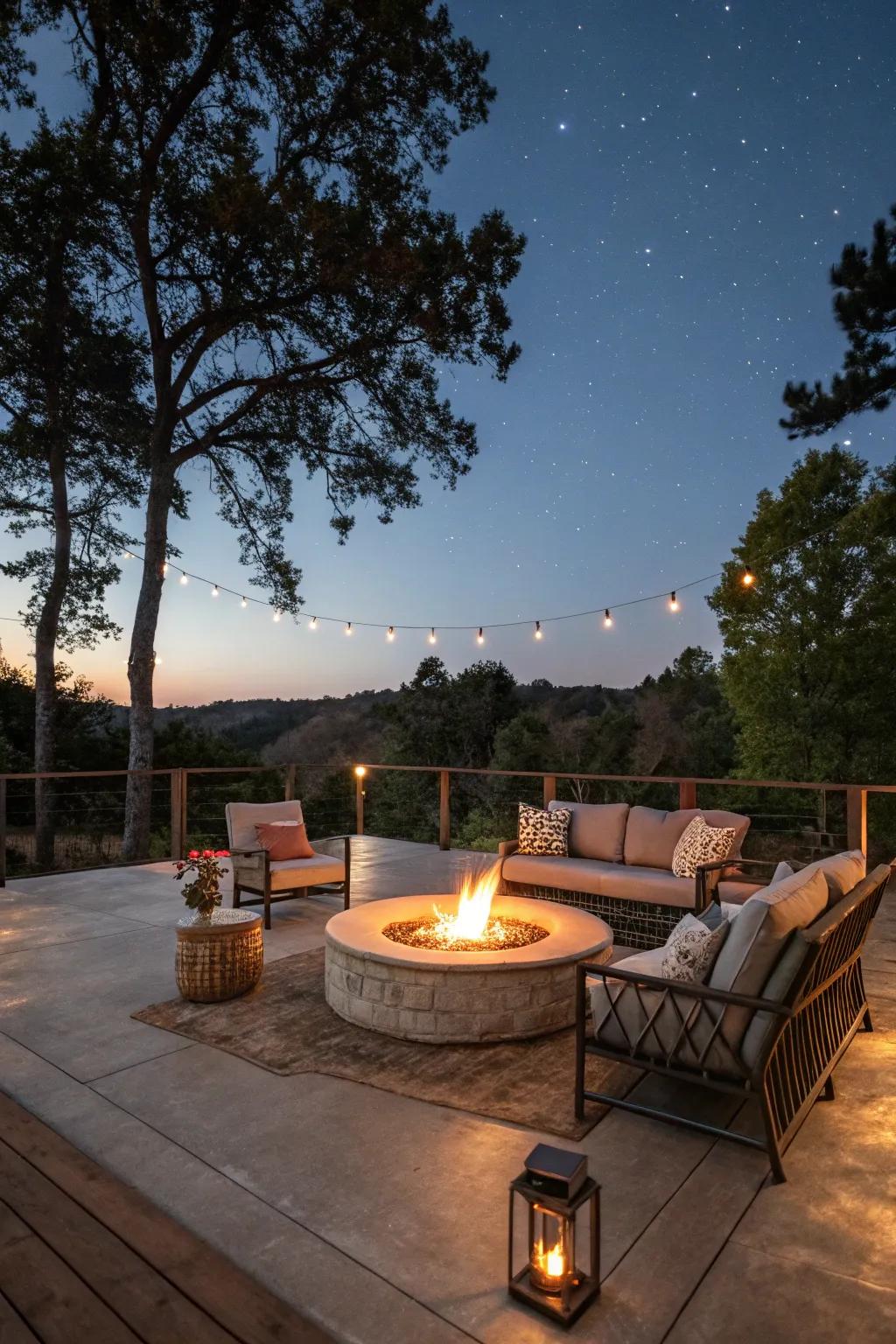 A cozy fire pit creates a warm gathering spot on your deck.
