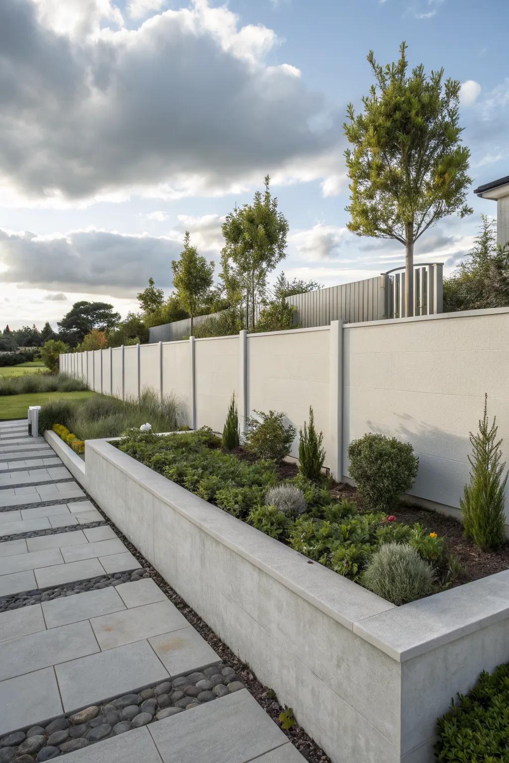 Modern minimalist concrete panels create a sleek garden backdrop.