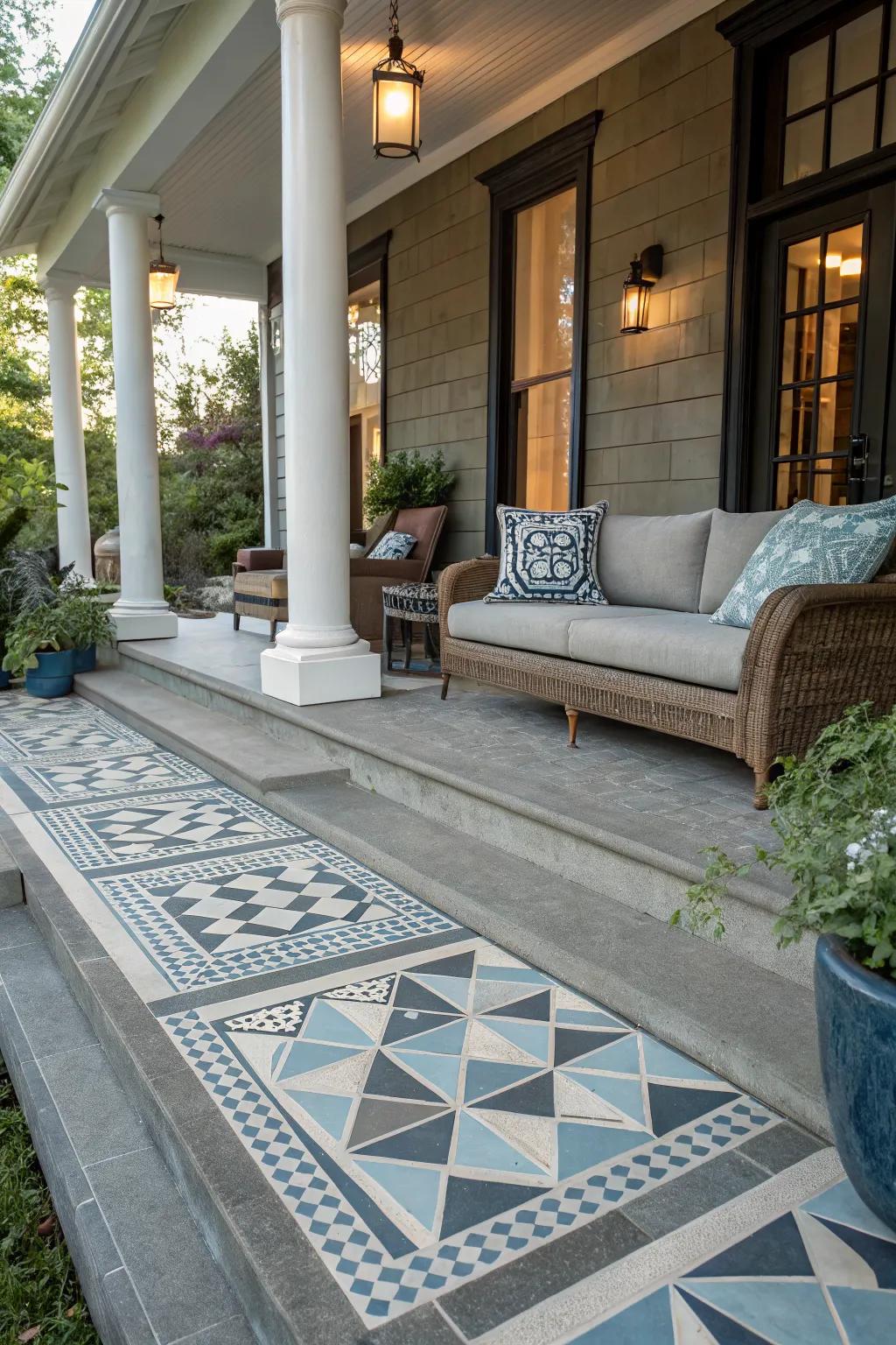 Geometric tiles add flair and elegance to any porch.