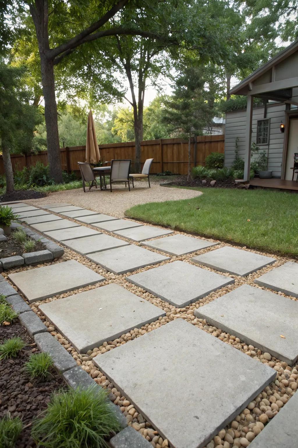 Geometric paver patterns create a modern and stylish backyard layout.
