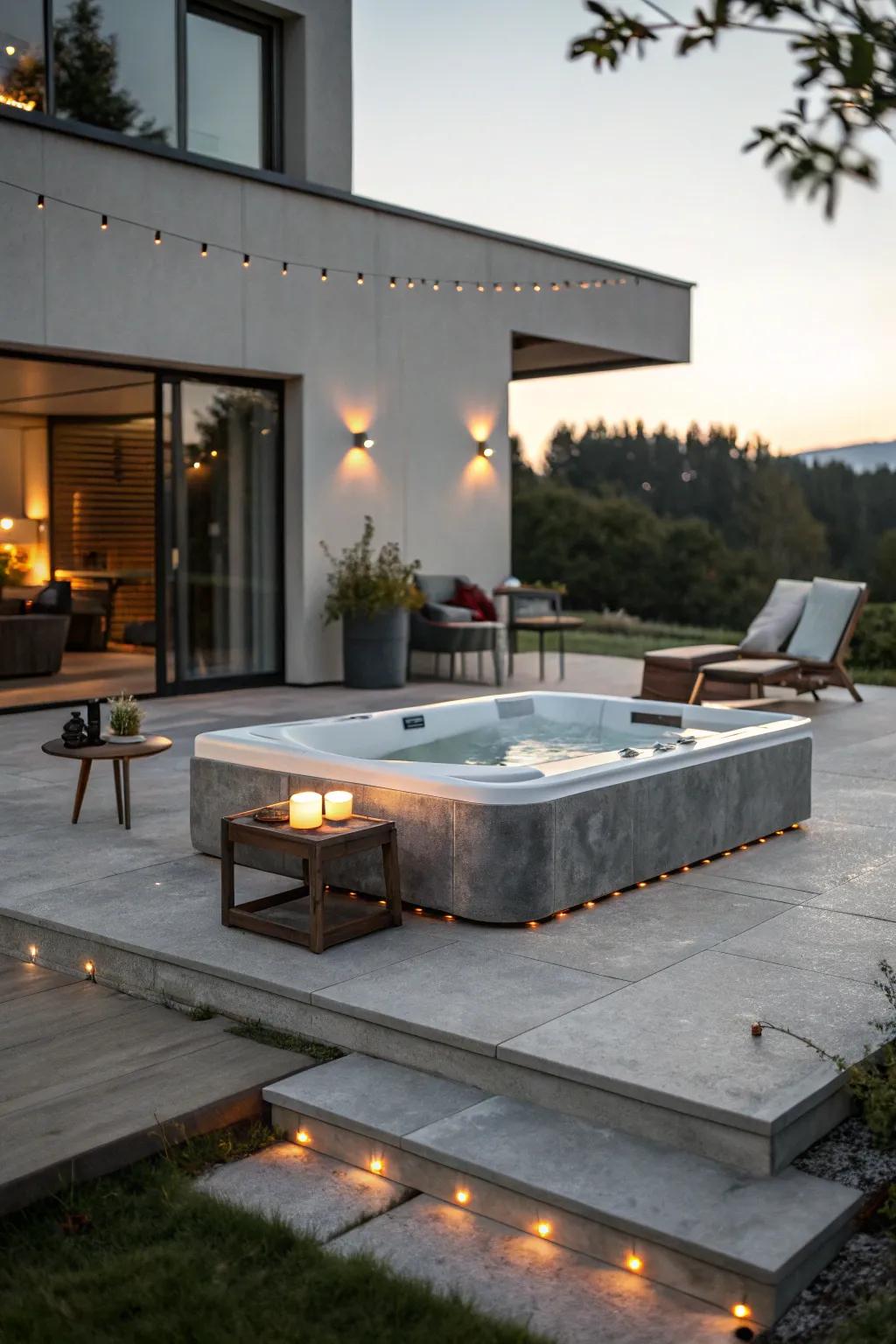 A sleek and modern hot tub setup on a concrete patio, perfect for a contemporary backyard.