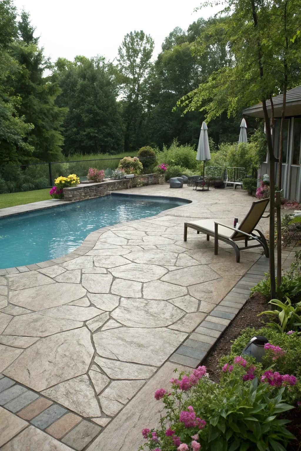 Stamped concrete offers a luxurious look for your pool deck.