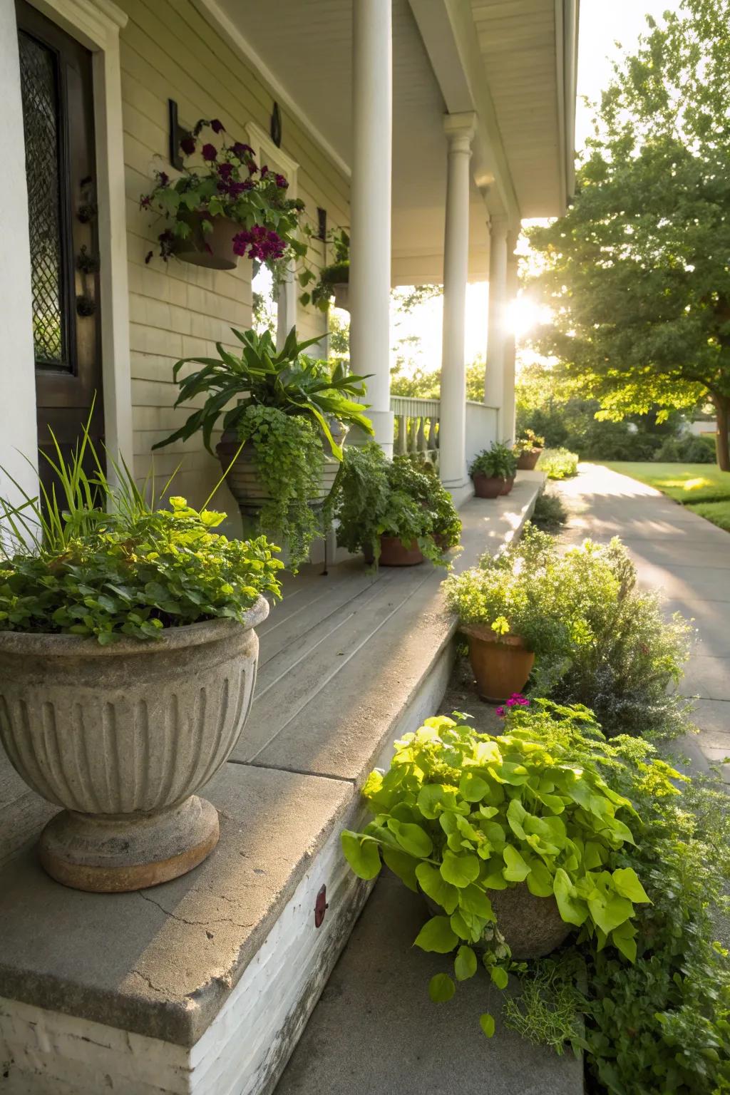 Concrete porch transformed with lush greenery and stylish planters.