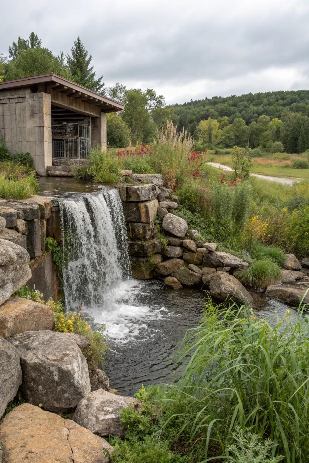 A rustic waterfall blending concrete with natural rocks for a forest-like appeal.