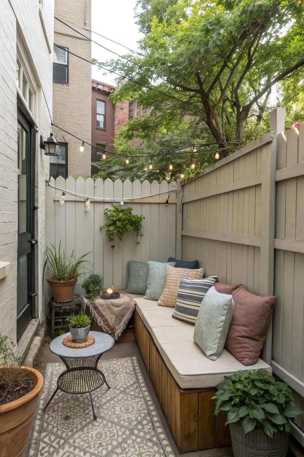 A cozy seating nook in a condo backyard offers a perfect escape.