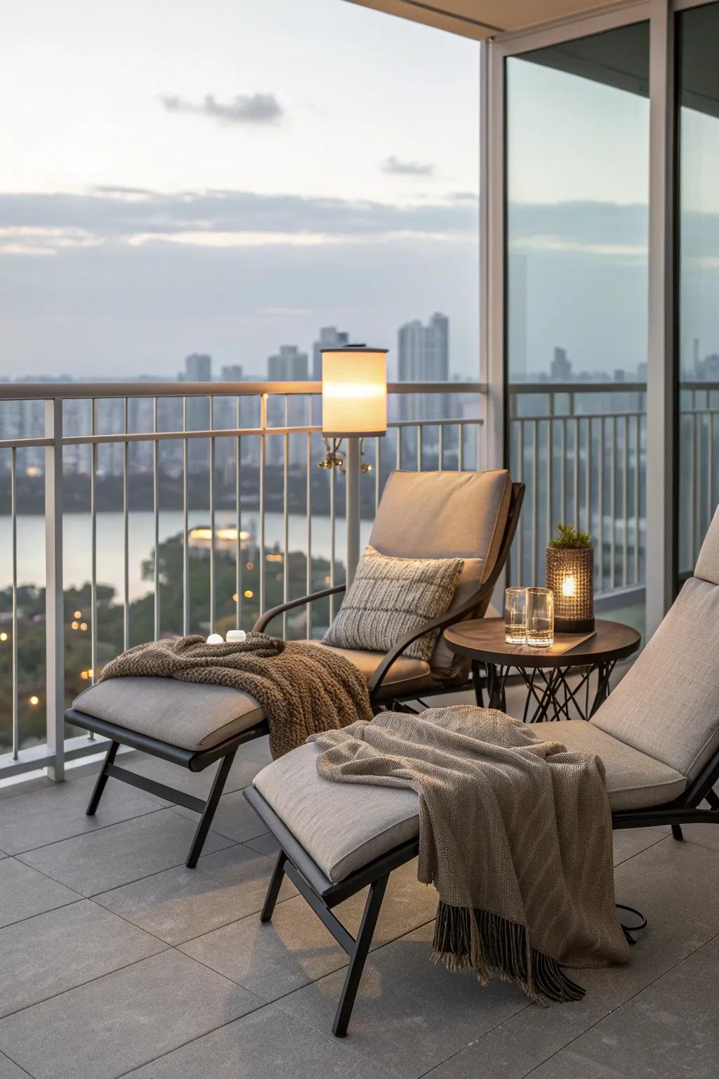 Transform your balcony into a cozy corner with lounge chairs and a side table.