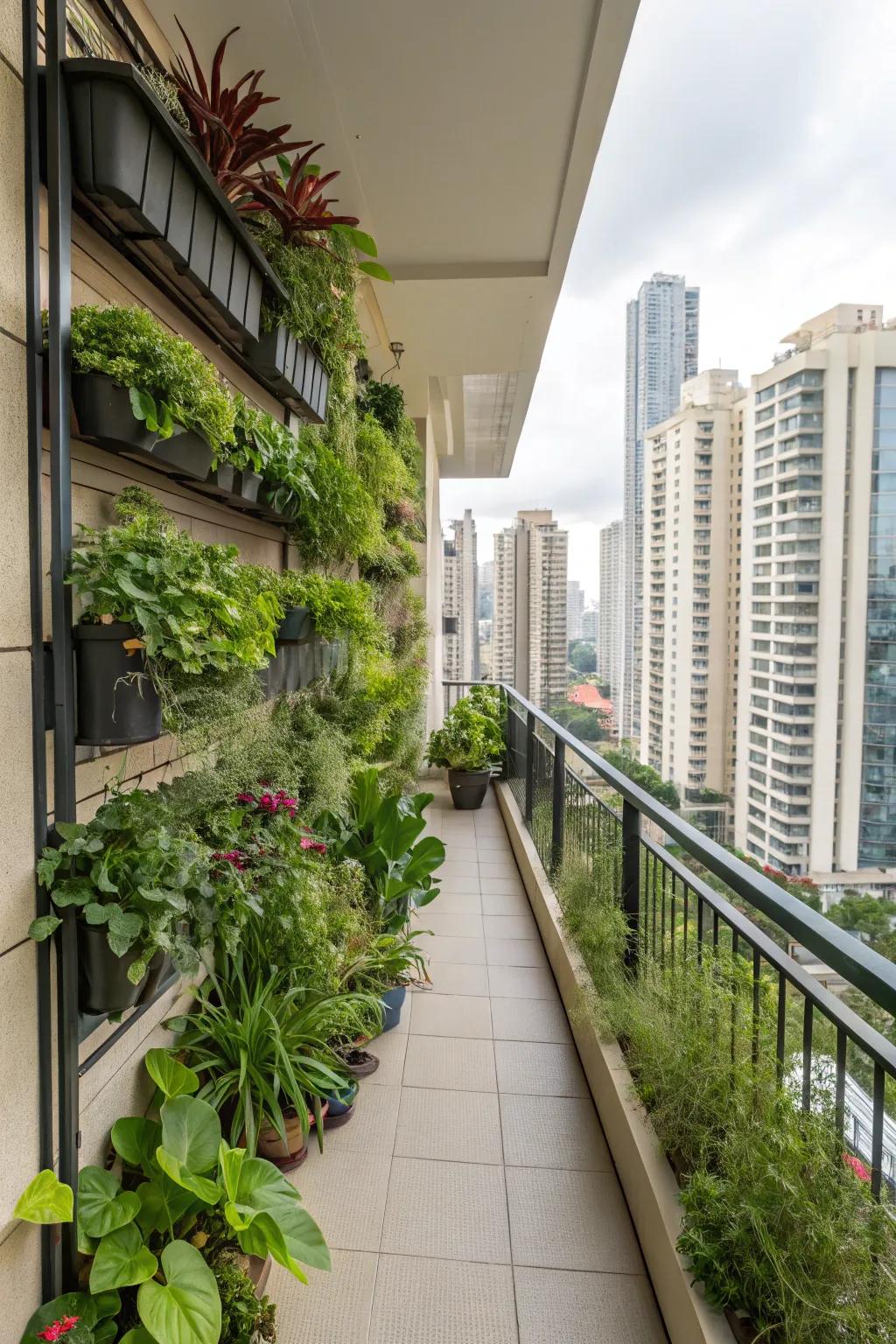 Wall-mounted planters create a vertical garden on the balcony