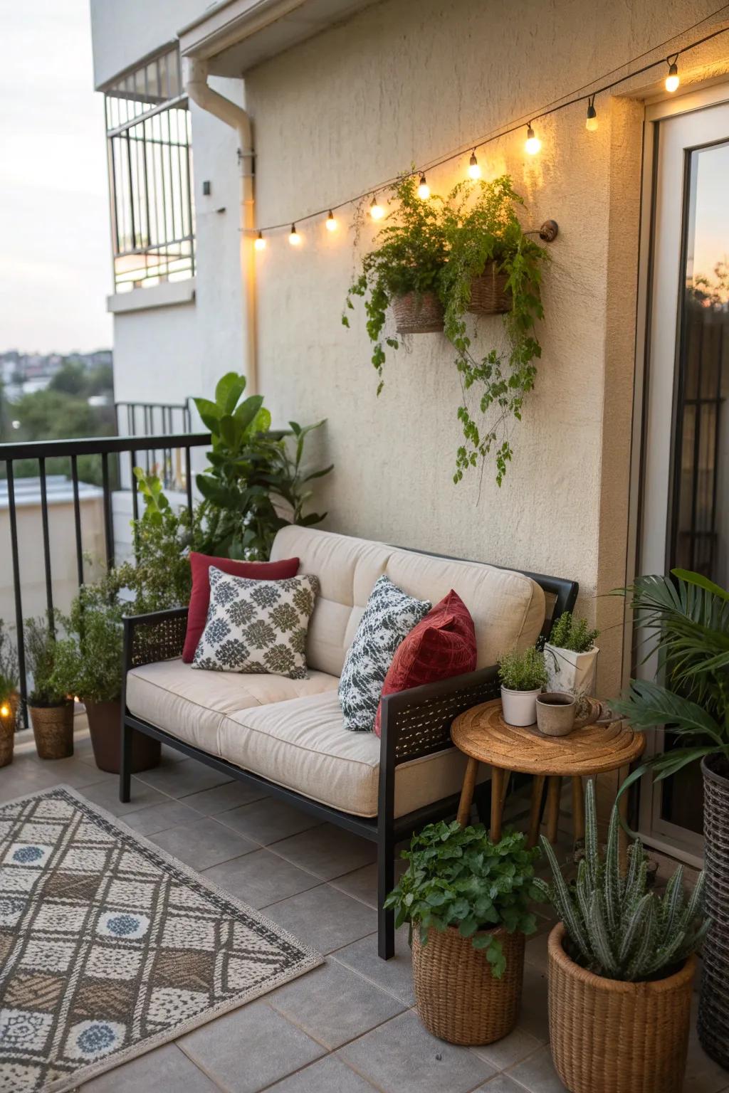 A small patio featuring a compact loveseat with colorful pillows.