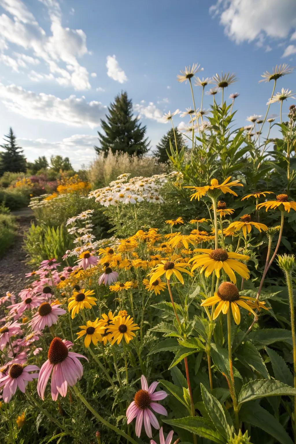 A harmonious blend of coneflowers, black-eyed Susans, and Shasta daisies.