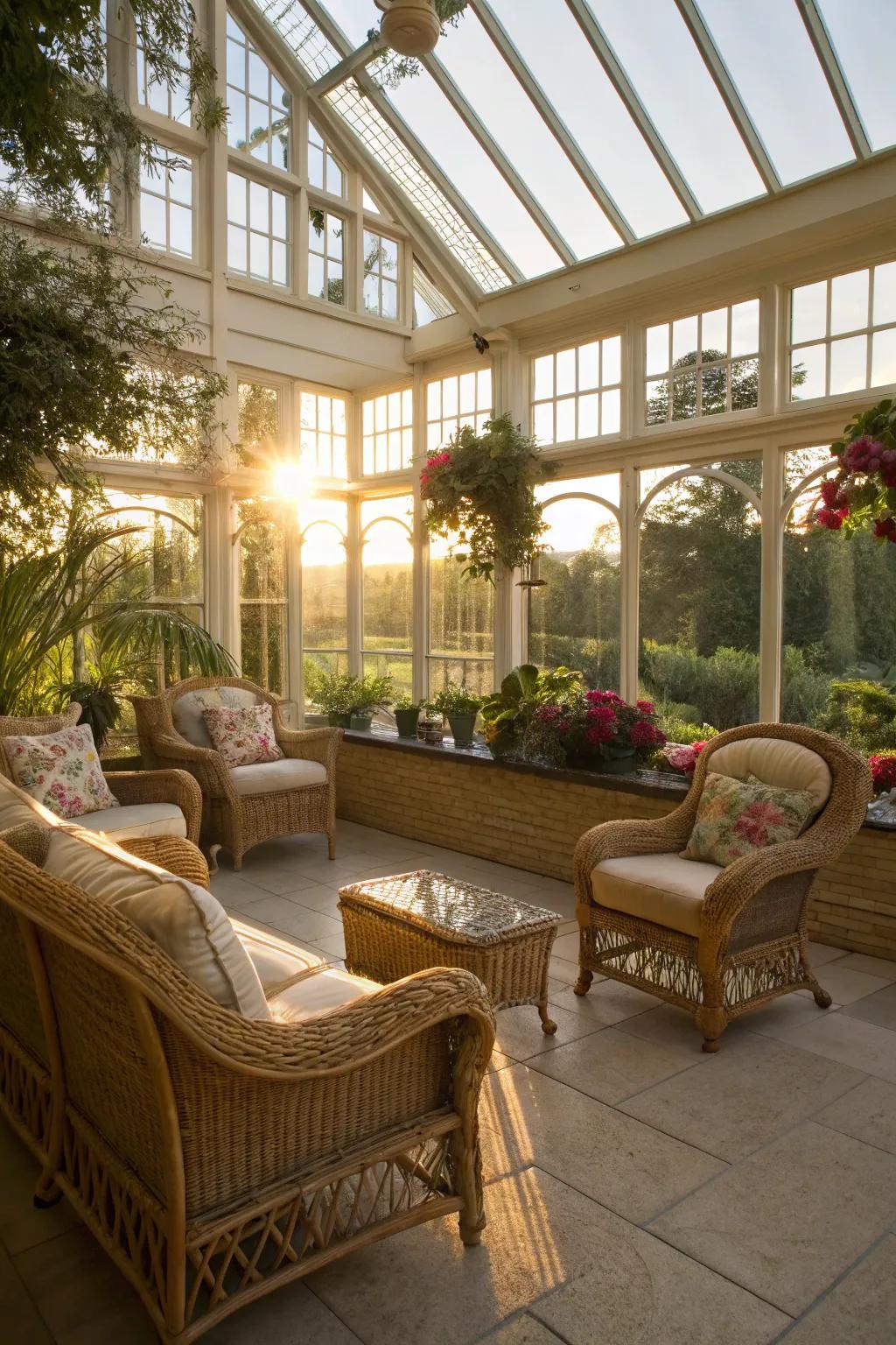 Natural wicker and rattan furniture basking in the conservatory's sunlight.