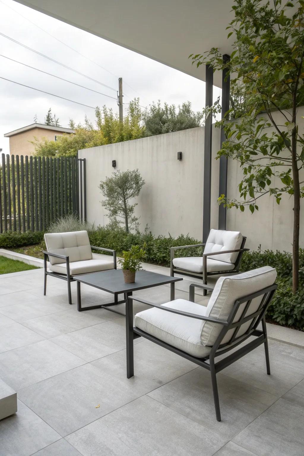 A minimalist patio with clean lines and a neutral palette.