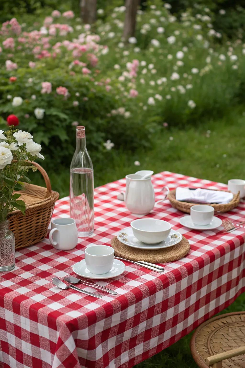 A picnic table dressed in a red and white checkered tablecloth, setting the stage for a classic cookout.