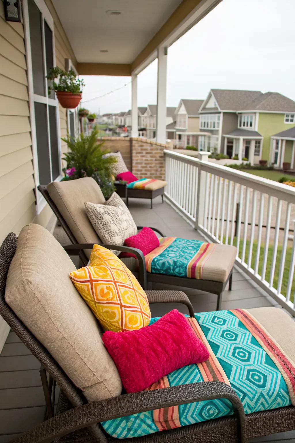 Create a cozy seating area on your balcony with plush chairs and colorful pillows.
