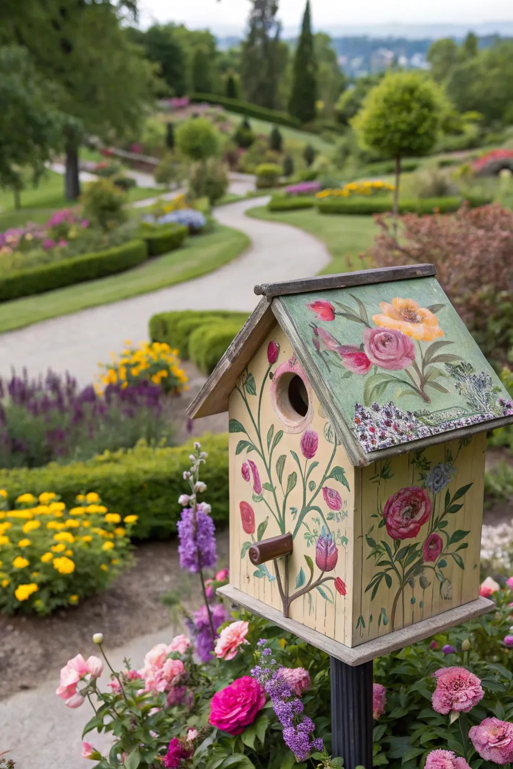 A floral fantasy: Birdhouse adorned with colorful flowers