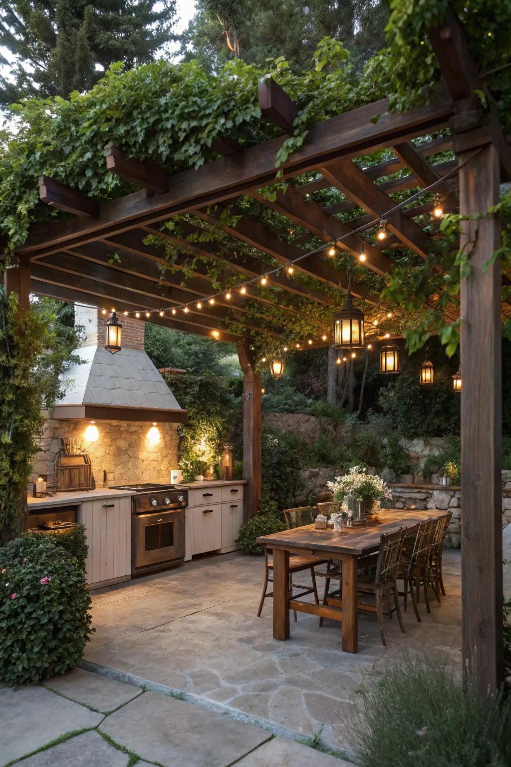 A cozy outdoor kitchen sheltered by a charming pergola