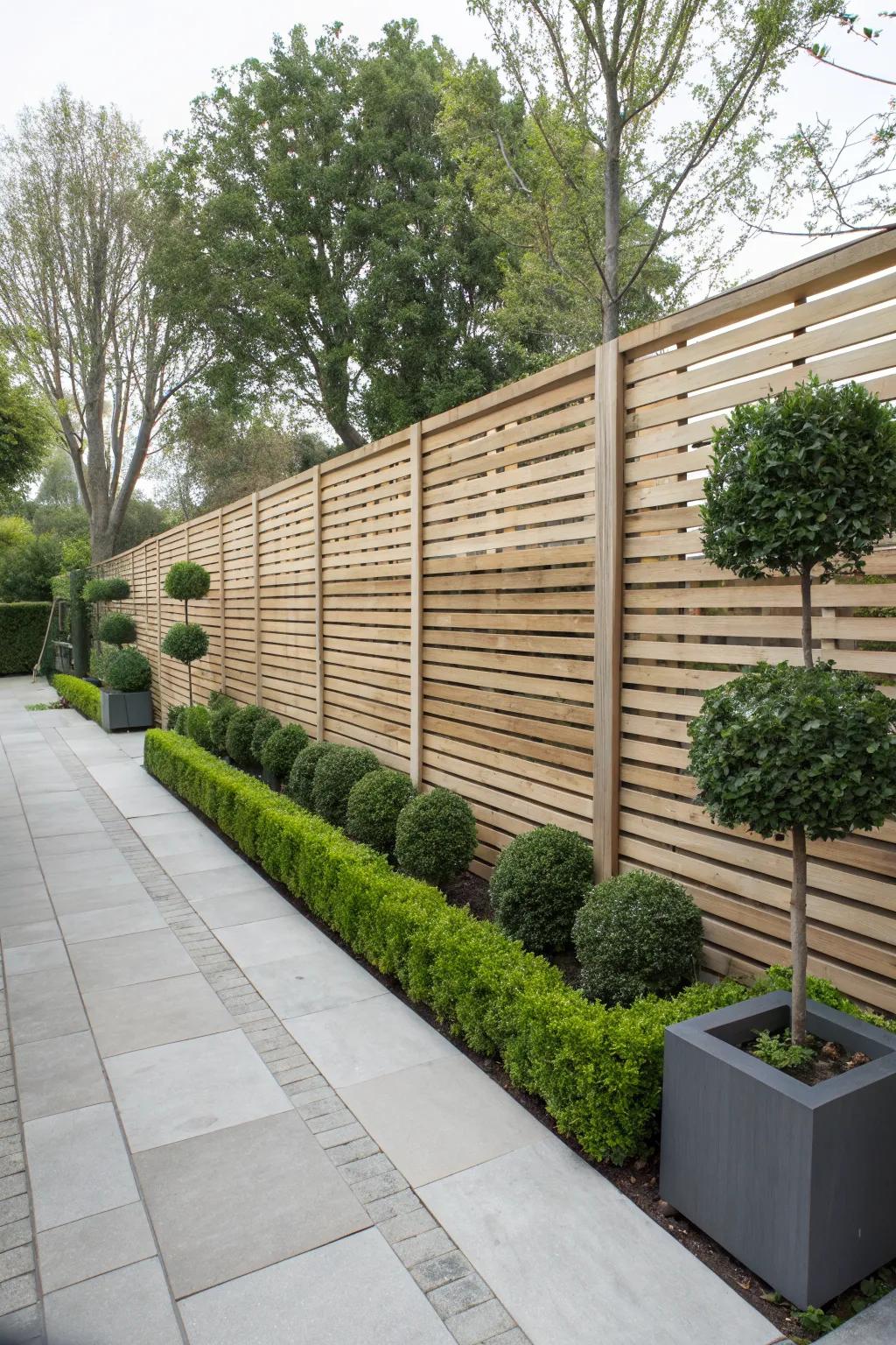 Horizontal slats provide a chic and modern privacy solution.