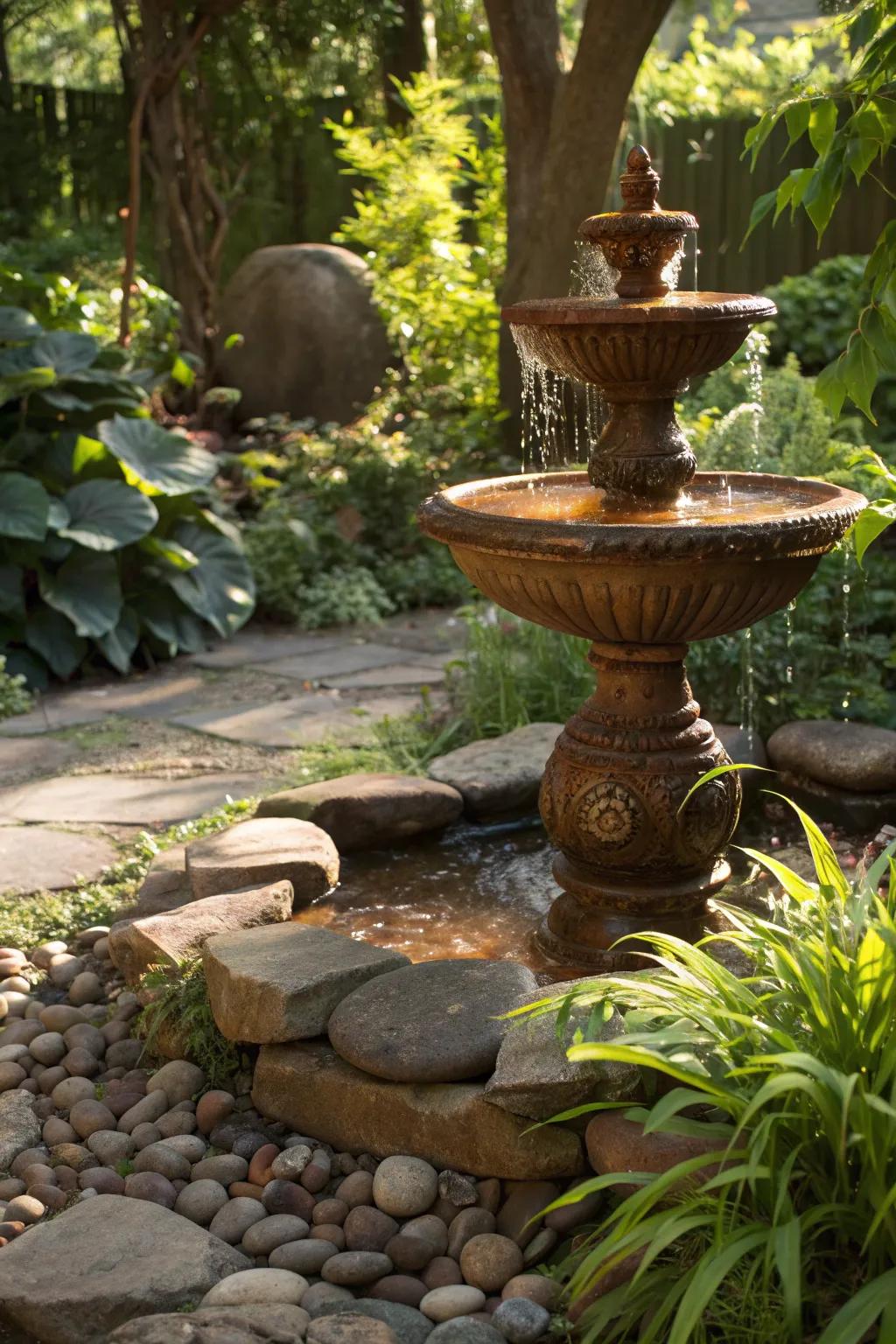 A harmonious blend of copper and stone in a garden setting.