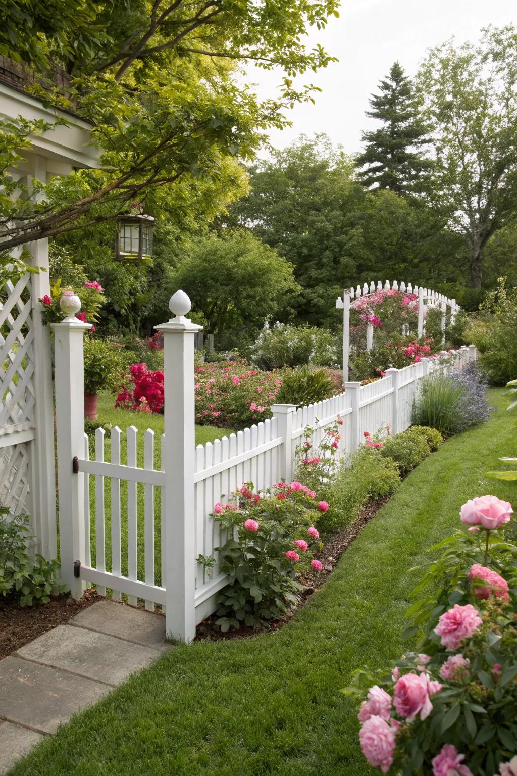 Classic wooden picket fences add timeless charm to garden corners.