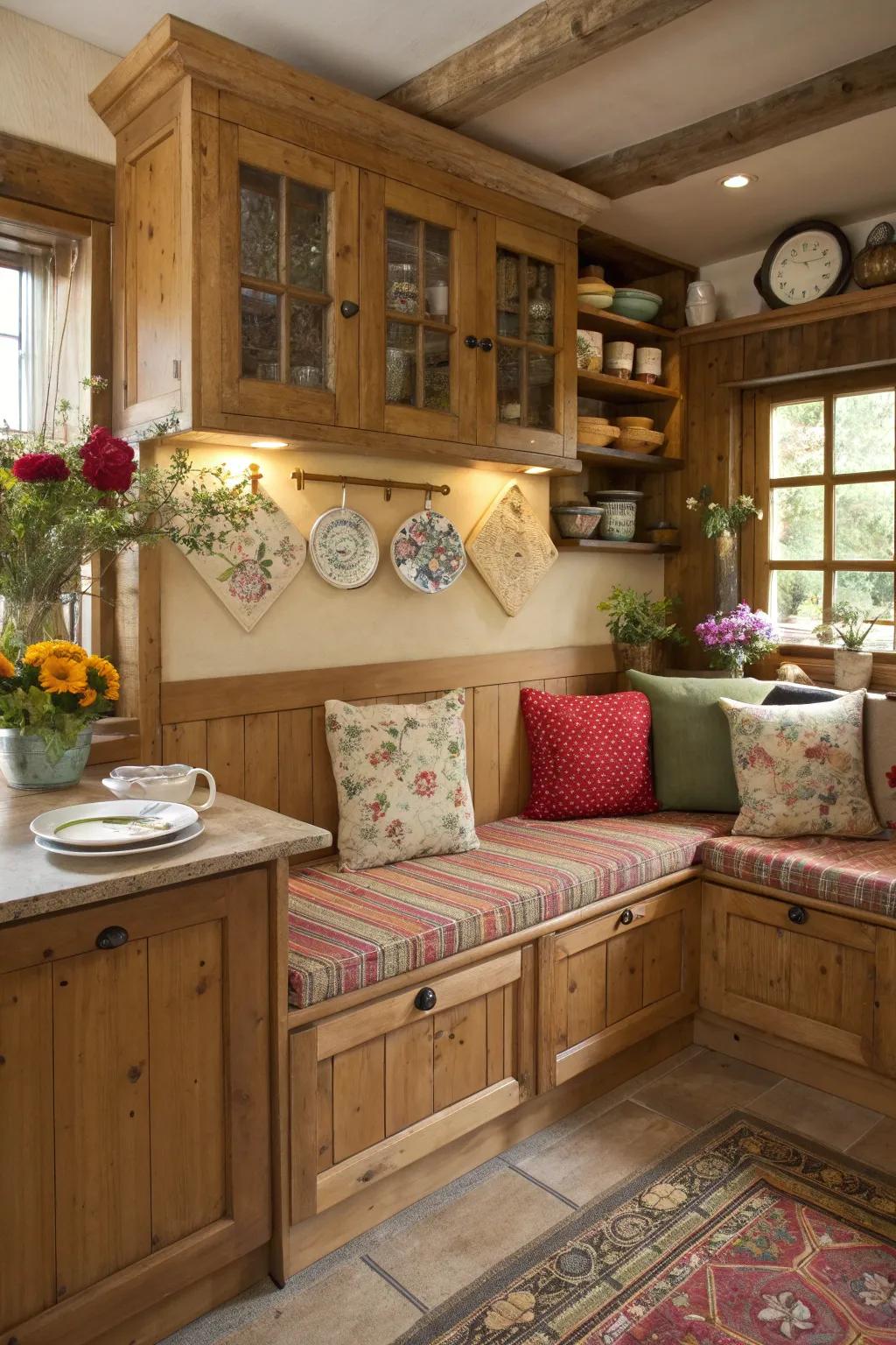 A custom DIY corner banquette that adds charm to a rustic kitchen.