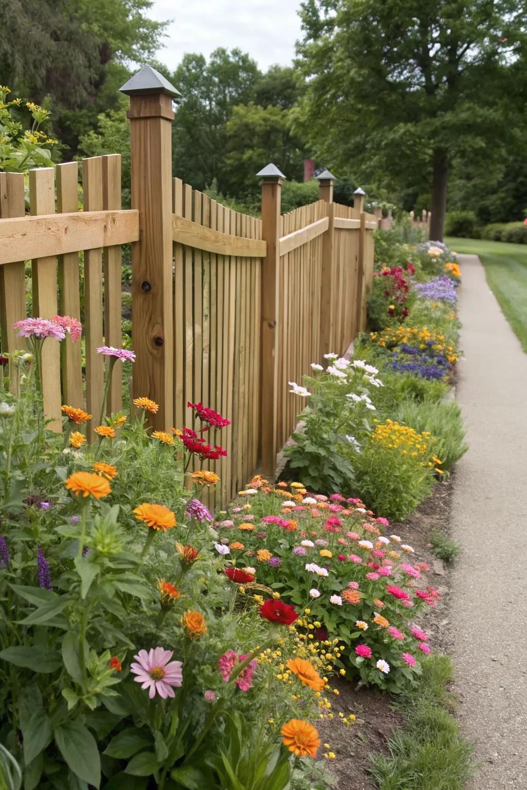 Brighten up your corner fence with lush flower beds full of color.