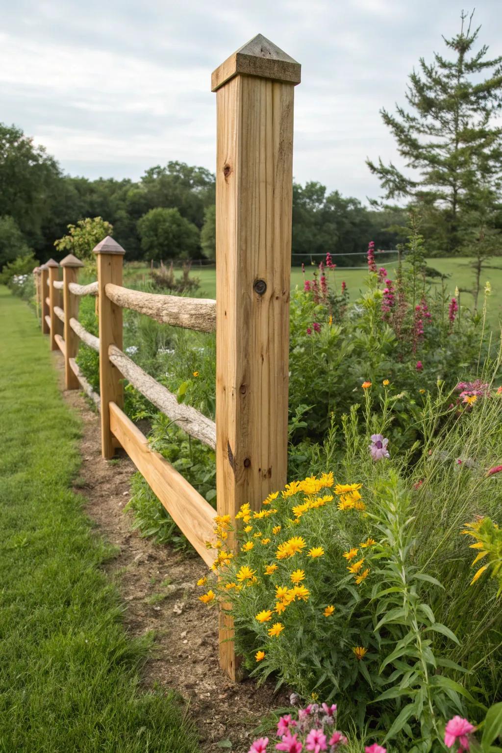 Cedar posts offer a rustic charm to garden corners.