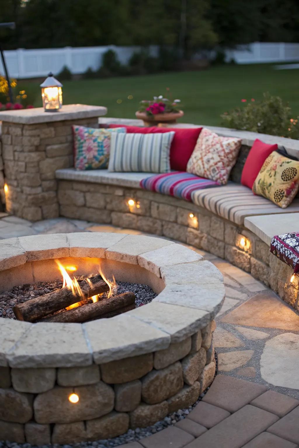 Built-in seating around a corner fire pit creates a cozy gathering place.