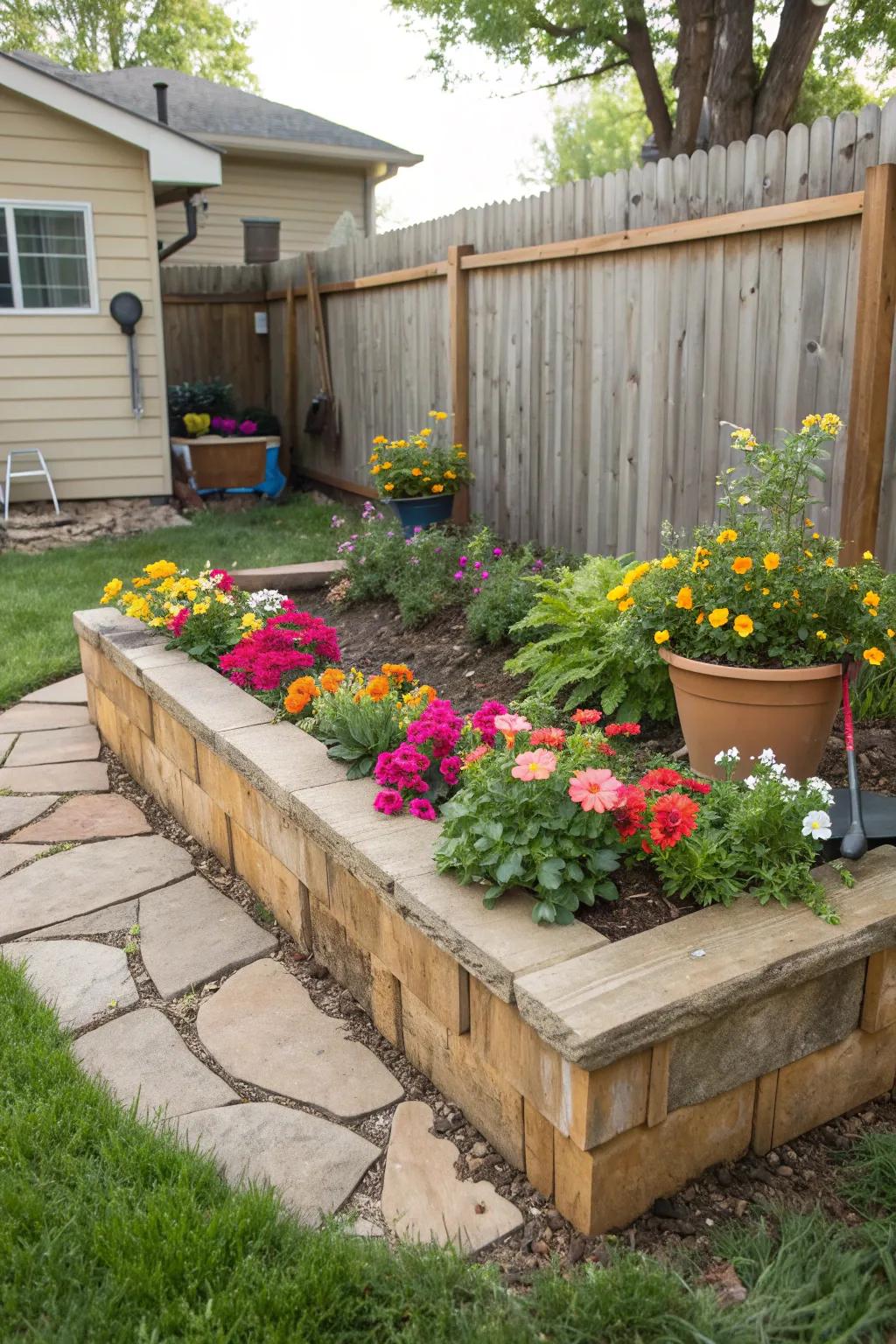 A wooden and stone border frames this vibrant corner flower bed.