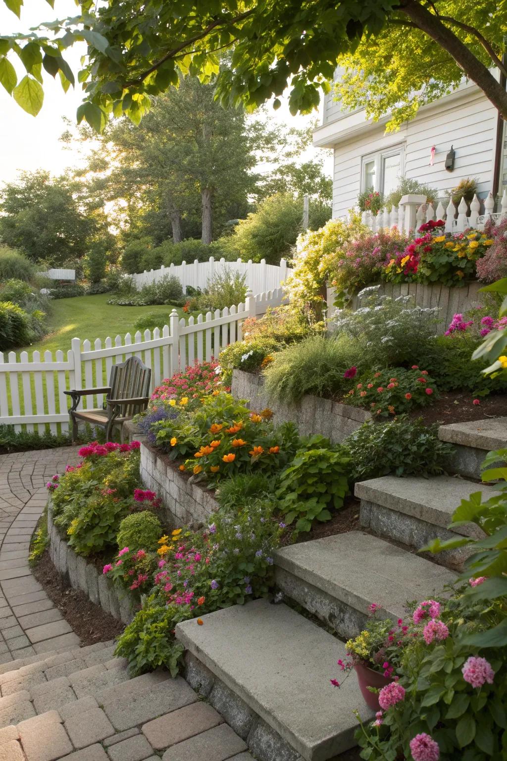 Tiered planting in corner gardens creates visual depth and interest.