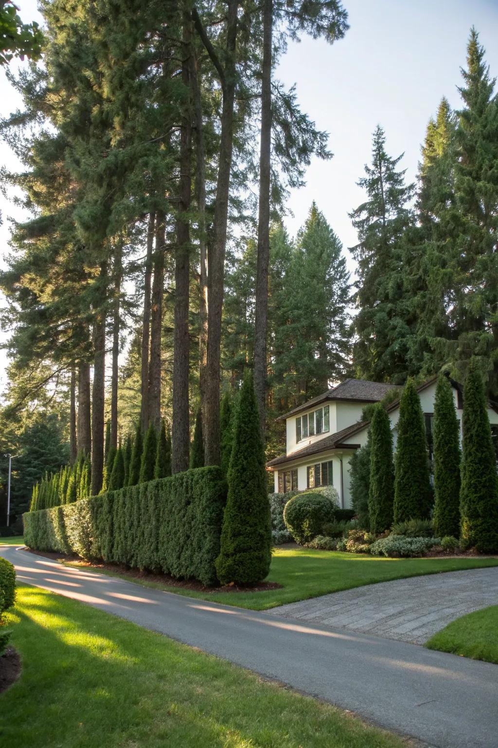 Tall evergreens act as a natural privacy screen on a corner lot.