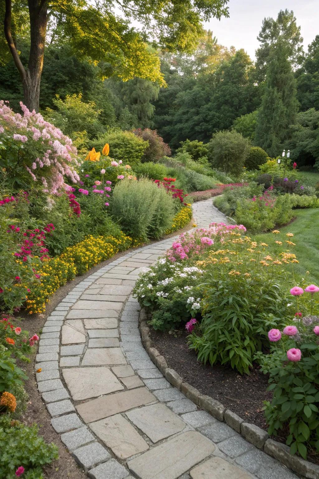 A charming curved pathway on a corner lot, surrounded by vibrant blooms.
